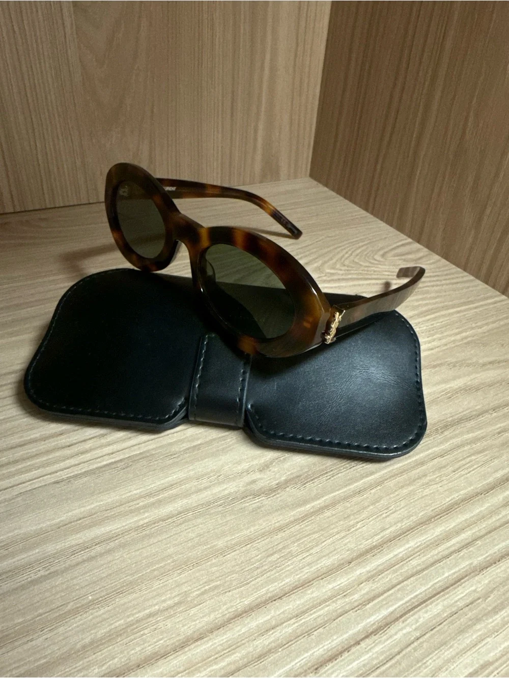 Saint Laurent Tortoiseshell Oval Sunglasses with Green Lenses